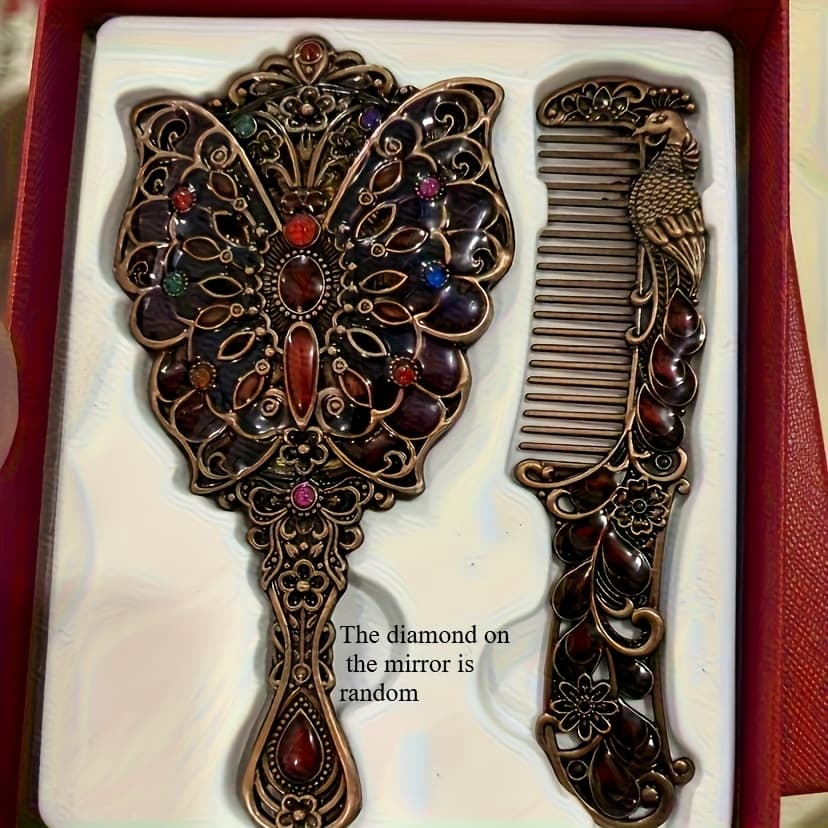 TEMU Carry A Vintage Makeup Mirror And Comb Set Made Of Golden Metal A Set Of Handheld Mirror And Comb With Handles A Small Vintage Golden Metal Handheld Mirror Mirror Protection The On Is Random