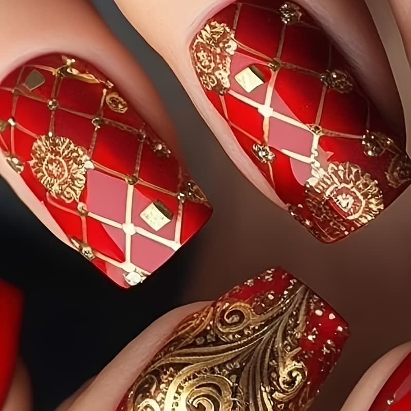 TEMU Striped Checkered Pattern, Gilded, 24pcs Nail Stickers, Red Glossy End, New Style, Removable Wearable Nails, Artificial Nails, Suitable For Holidays And Daily Wear