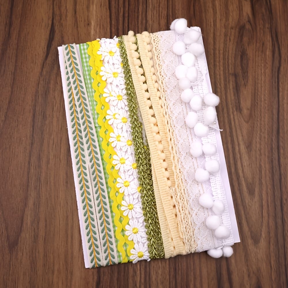TEMU Gift Wrap Ribbon Set, , Lace Daisy Trim Pom Pom Rickrack, White Beige Golden, Spring Summer Hot Styles