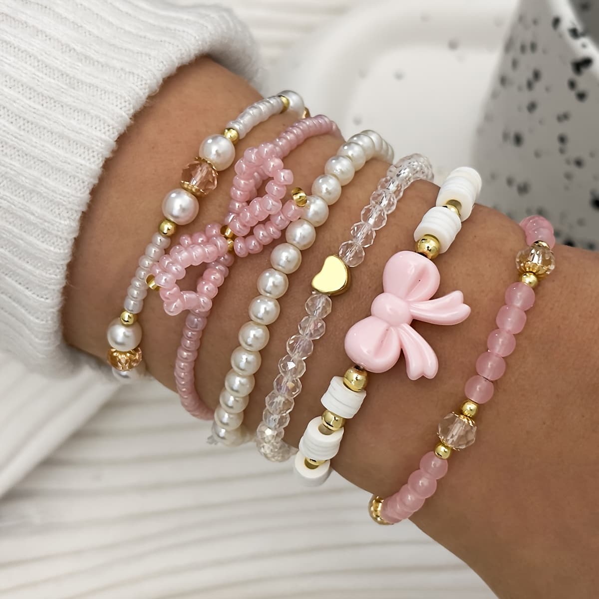 TEMU 6-pack Glass Rice Bead Soft Clay Handmade Positioning Beaded Layered Bracelet Pink Series Cute Sexy Versatile Vacation Y2k Bow Heart Bracelet Set Gift Set