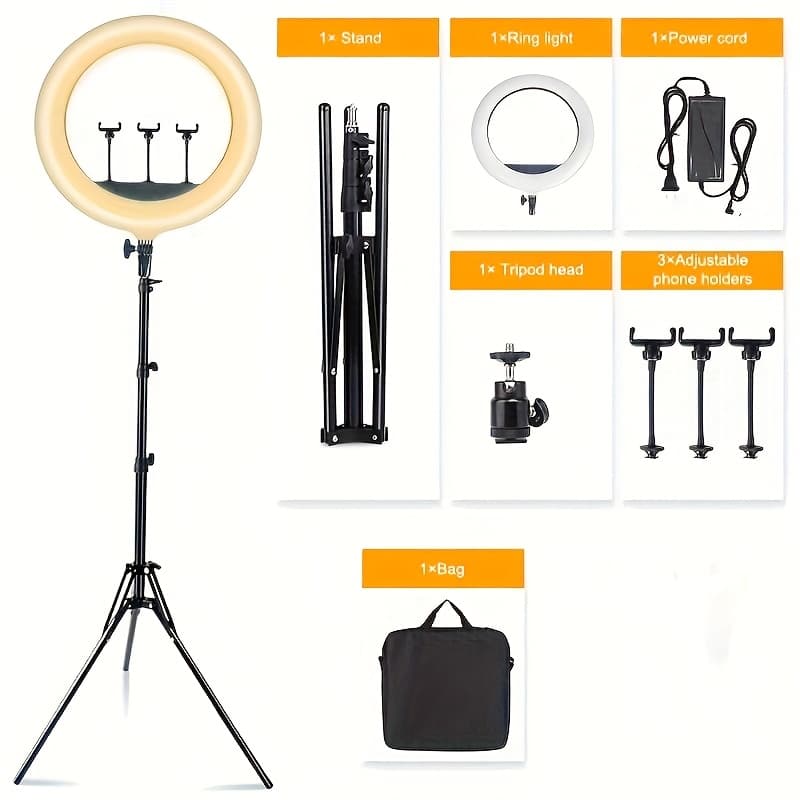 TEMU 18 Inch Kit, With Tripod, Rgb , Adjustable Light, 3 Phone Mounts, With Carrying Bag, For Live Broadcast, Beauty, Selfie Multi-scene Ring Fill Light