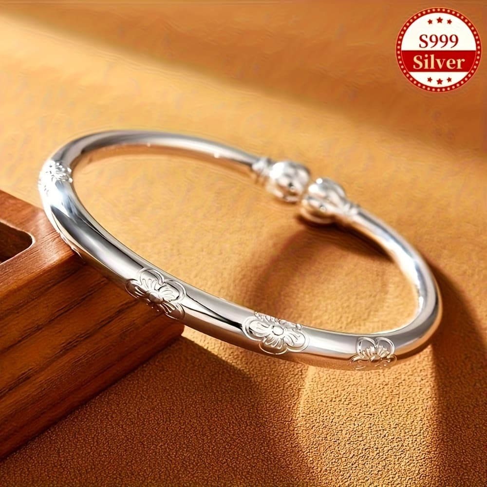 TEMU Basic Tribal Design S999 Genuine Silvery Bracelet, - Authentic 999 Silver Jewelry For Women, Wear And Presents, For , For Any Season
