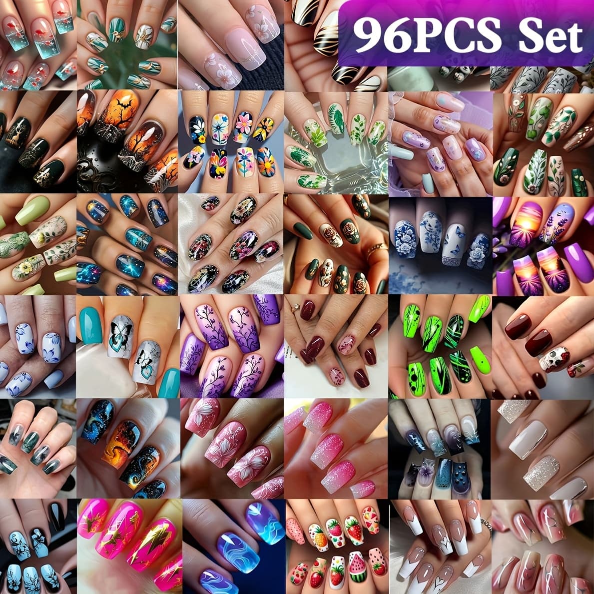 TEMU 96pcs Surprise Random Style Art Nails, , Glossy End, 36 Diverse Style Element Patterns, Removable Medium-length Reusable Press-on Fake Nails