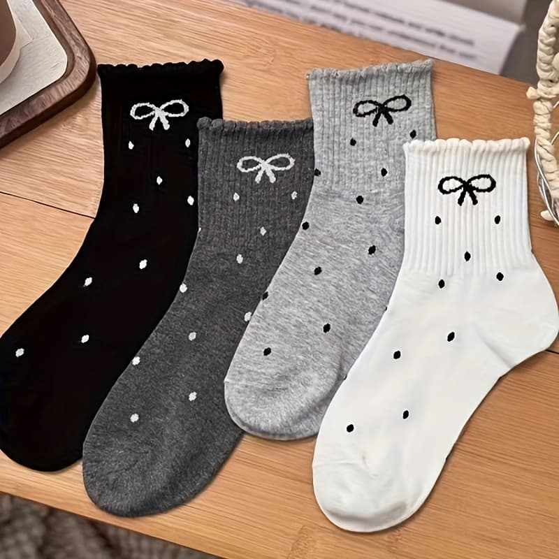 TEMU 4-pair Pack Women's Fall Winter Mid-calf Polka Dot Lace All-match Bow Athletic Socks
