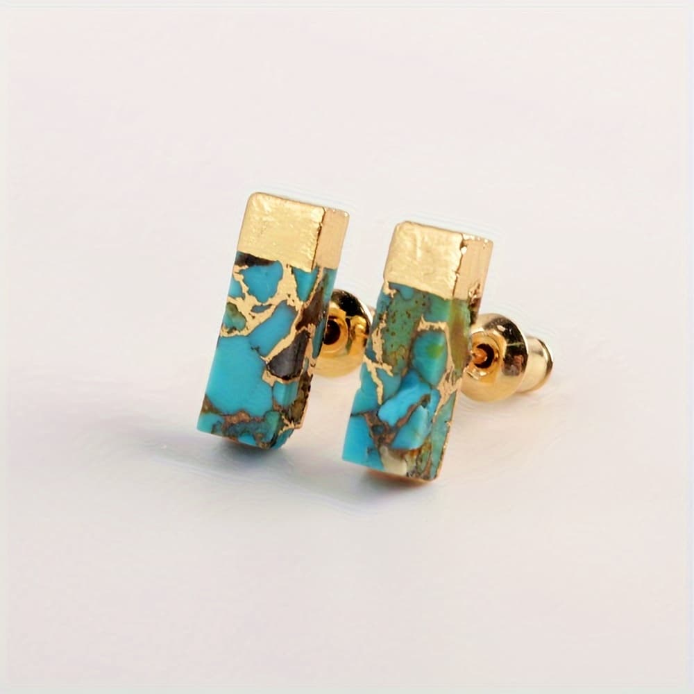 TEMU Golden Plated Rectangle Copper Turquoise Stud Earrings