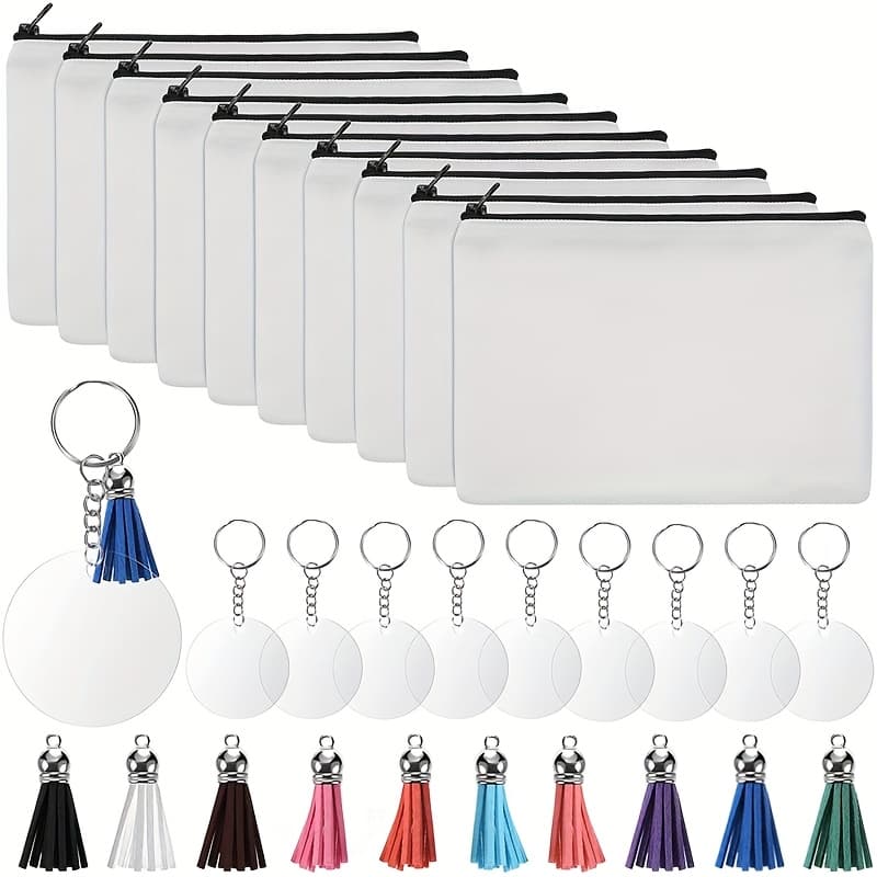 TEMU 50pcs Sublimation White Blank Canvas Makeup Bag, Heat Transfer Printing, Zipper Handbag With Circular Acrylic Keyrings Jump Rings Colorful Tassels Set