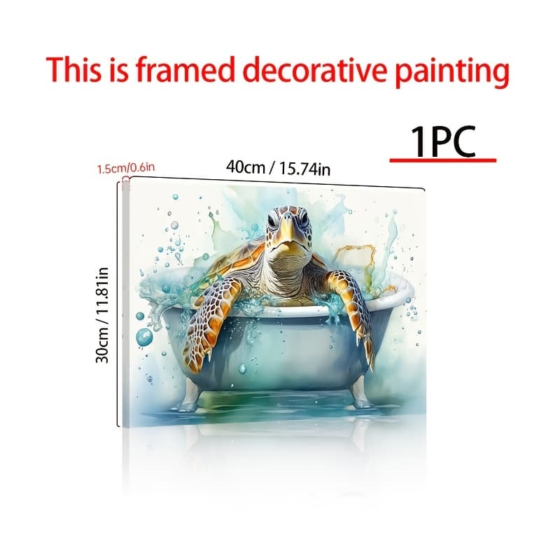 TEMU 1pc Nautical Turtle Bathtub Canvas Art Print, Wooden Framed Wall Decor, Marine Animal Watercolor Poster, Ready To Hang Ocean-themed Artwork For Living Room, Bedroom - 1.5inch Thick Frame