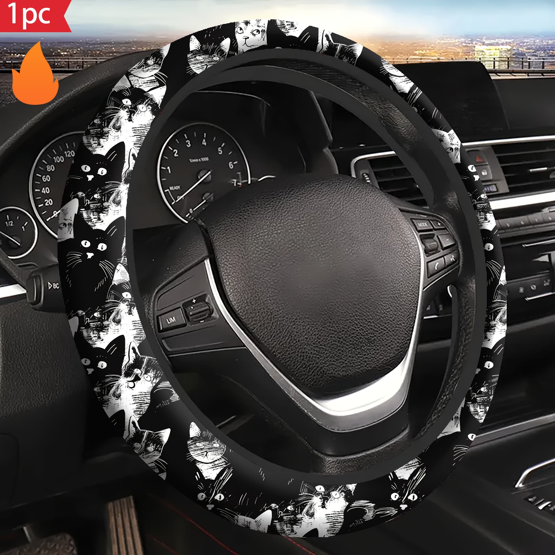 TEMU 1pc Dark Style Cat Print Design Neoprene Steering Wheel Cover, Suitable For Most Cars Suvs Trucks, Universal Car Interior Decor Accessory
