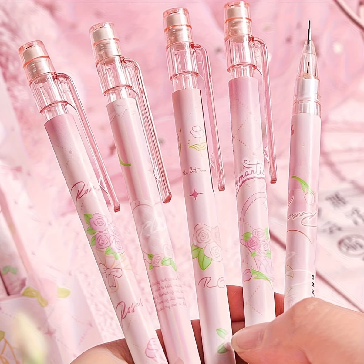 TEMU 5 Cute Pink Mechanical Pencils With A 0.5mm Tip Featuring A Cartoon , Suitable For Students And Office Use (5 )