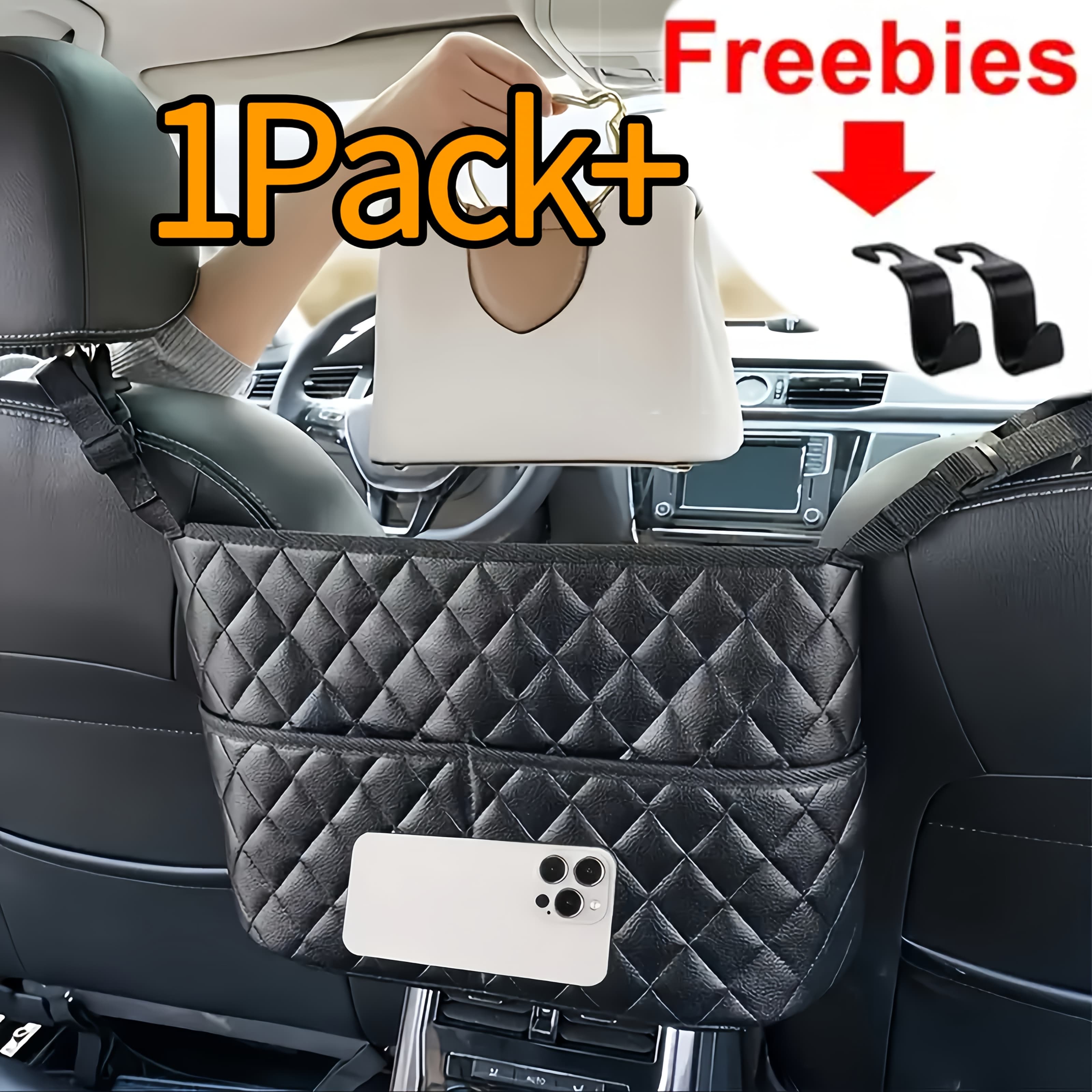 TEMU 1/2pcs Large Capacity Car Seat Back Organizer - Durable Pu Leather Storage Net Bag With Hanging Installation, Lightweight Car Interior Accessory