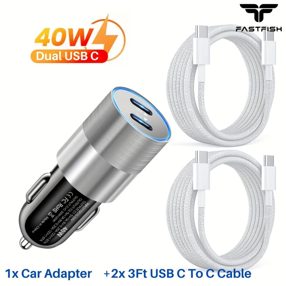TEMU Fastfish Dual Usb C 40w Quick Car Charger With 2 Braided Type C To Usb C 3ft Cables For Iphone 15 Pro , , And For Xiaomi