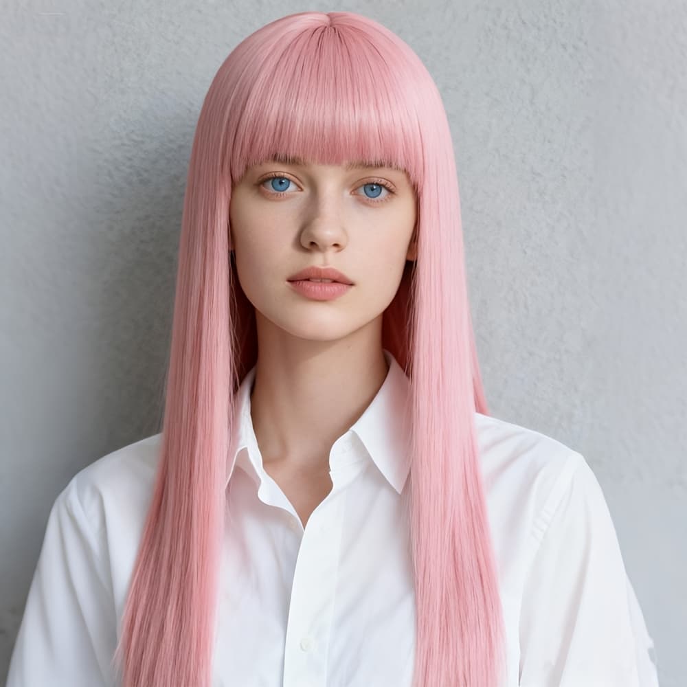 TEMU 24-inch Women's Full Wig With Straight Bangs, Fluffy, Glue-free, Long Wig Suitable For Holiday Parties