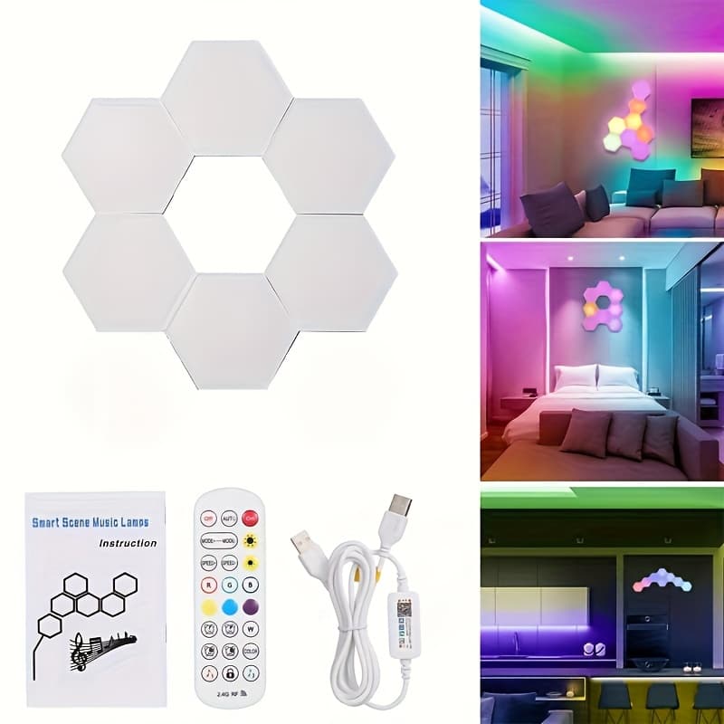 TEMU Set Of 6 Hexagonal Led Lights | Features App Control And Music Synchronization | Usb Rgbic Wall Panels For Home And Gaming Decoration