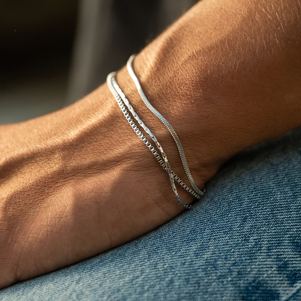 TEMU Stylish Men's 304 Stainless Steel Bracelet Set • Minimalist Men's Bracelets • 304 Stainless Steel Snake Chain Bracelet Set • Suitable For His Birthday Gift • Wear Alone Or Stackable