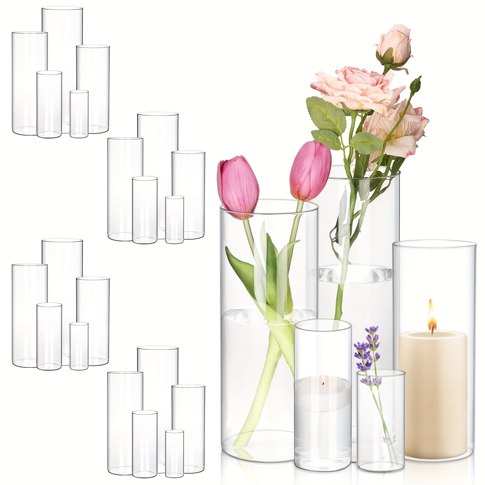 TEMU Tomnk 25 Pack Glass Cylinder Vases With 5 Sizes: 4*2in, 6*2.4in, 8*3.1in, 9.8*3.5in And 11.8*3.9in, 5 Size, Clear Flower Vase For Wedding Decoration, For Graduation Gifts And Festival Decoration