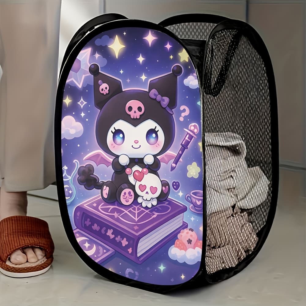 TEMU 1pc Kuromi Book Collapsible Laundry Hamper & Storage Organizer - Cute Pop-up -like Design With Kuromi Character, Stars & Hearts, Mesh Pocket For ' Room, ' Bedroom, Dorm (officially Licensed