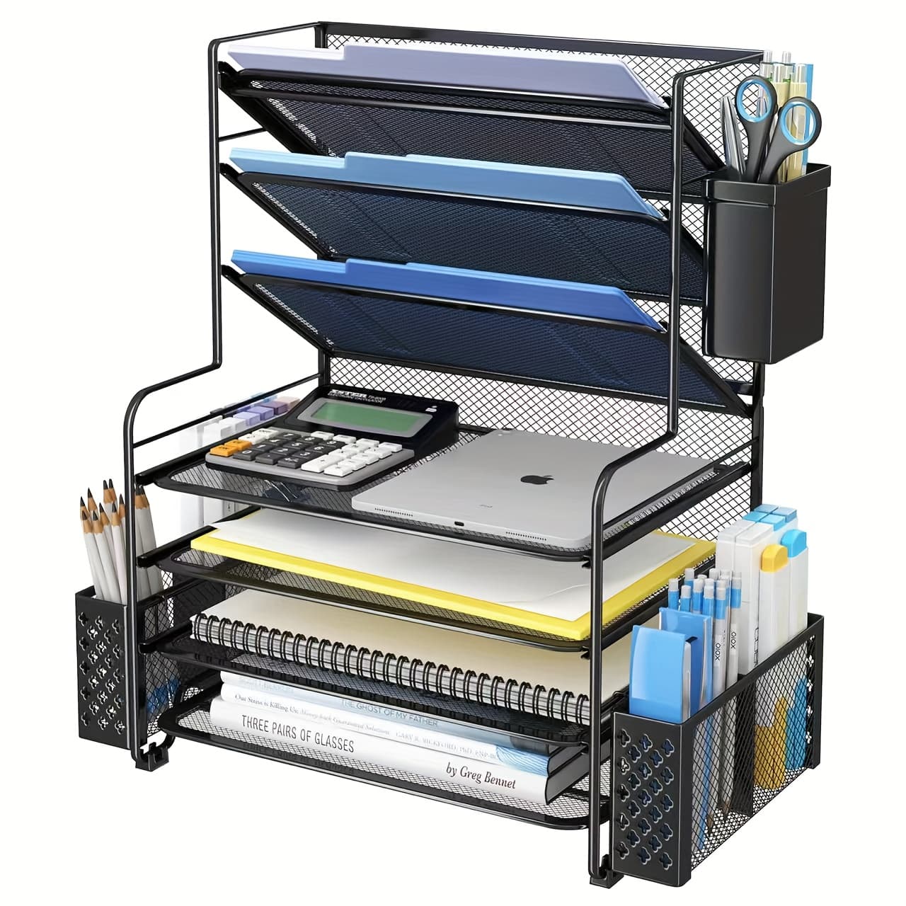 TEMU 7-tier Desk File Organizer, Document Rack, Letter Tray Paper Organizer With Pen Holder And Metal Hanging Basket