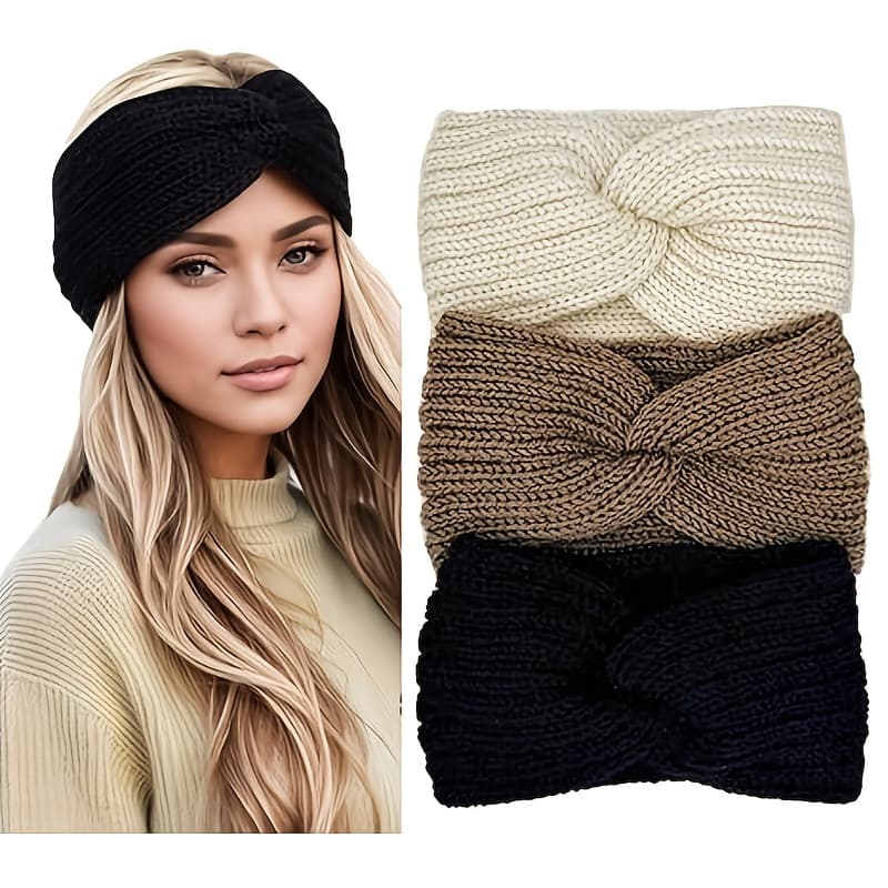 TEMU 3pcs Set, Winter Women's Ear Hanging Strap, Women's Winter Additions Warm Headband, Cold Weather Headband, Chunky Knit Headband Hair Additions