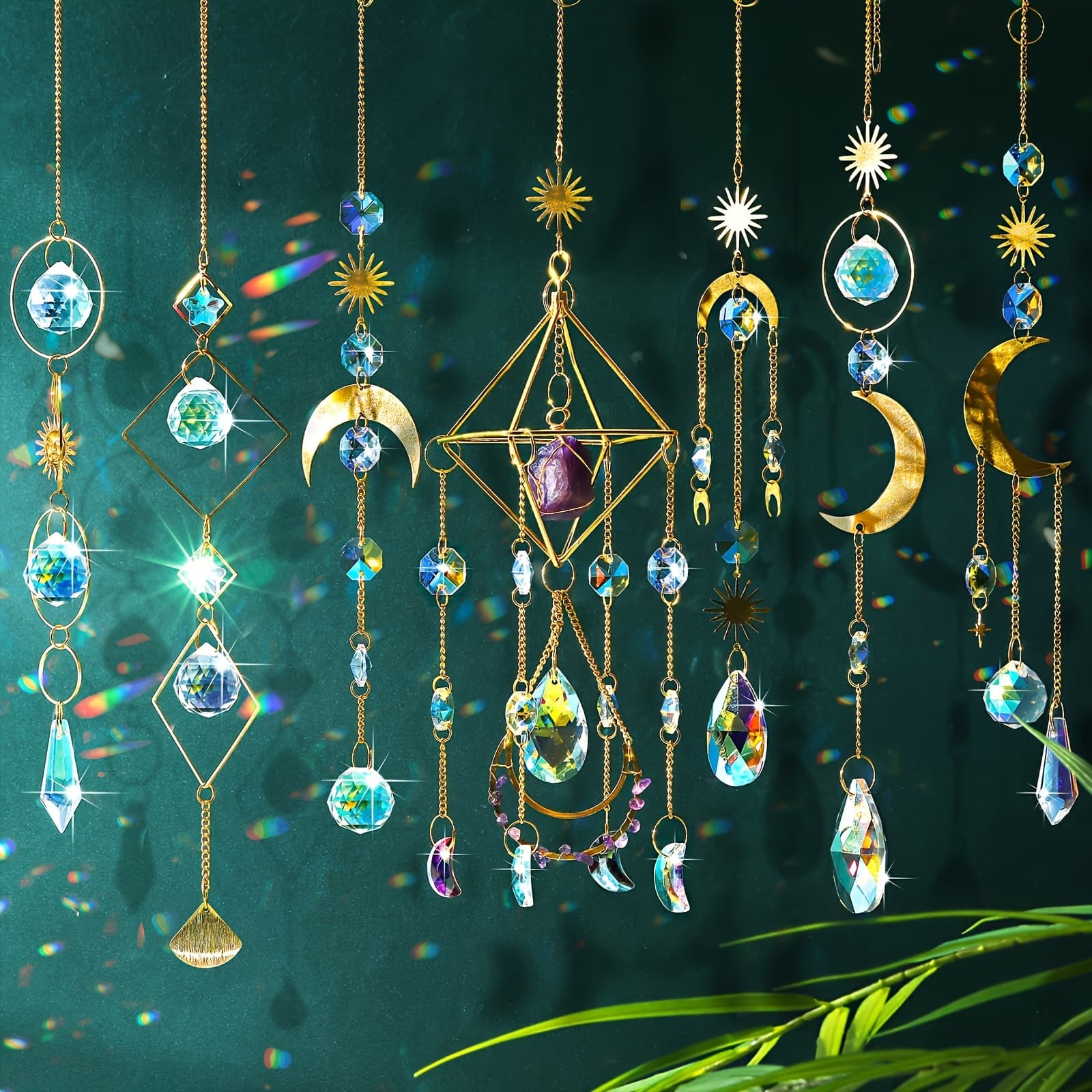 TEMU 7 Pcs Crystal Suncatcher For Window Hanging Sun Catchers With Crystal And Agate Crystal Prisms Decor For Indoor Outdoor Home Party Wedding Decor Hanging Crystals For Decoration