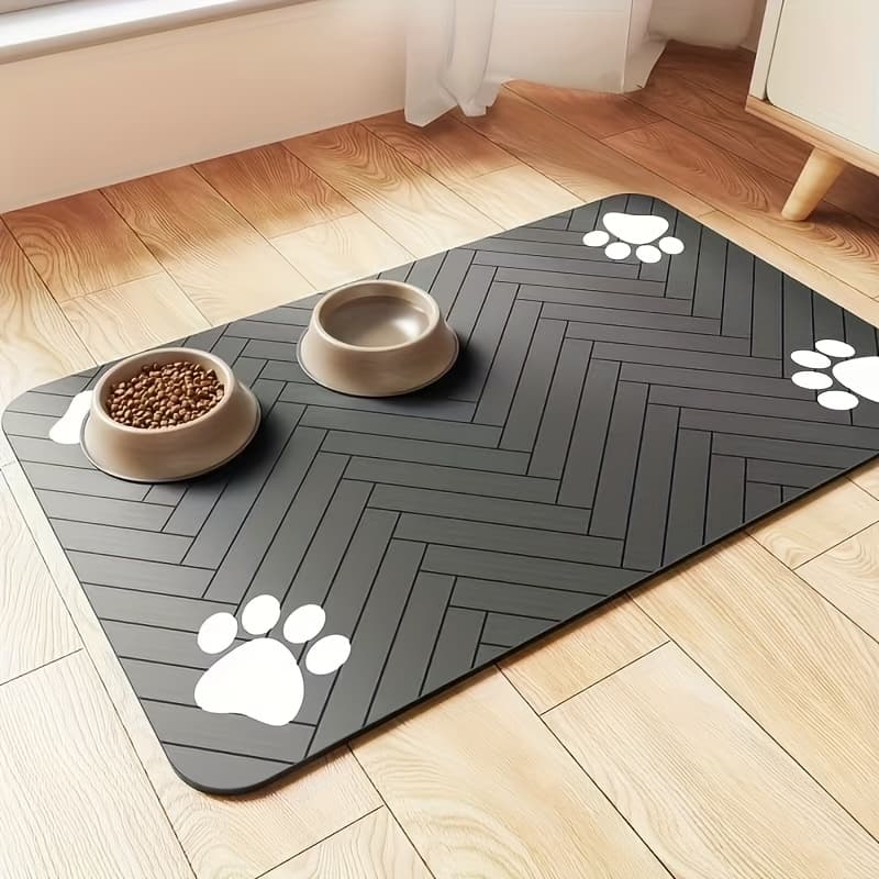 TEMU -drying Diatomaceous Earth Pet Feeding Mat - , Absorbent, Easy To Clean, Suitable For Dogs And Cats, Featuring A Herringbone Pattern With Paw Print Design, Black, And Washable