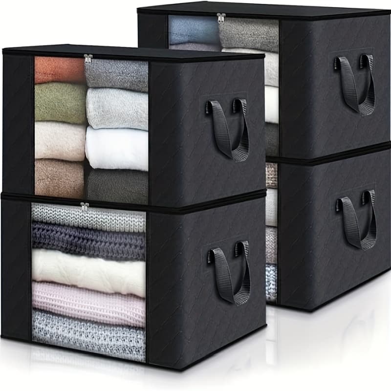 TEMU Set Of 4 Clothing Storage Bags, Foldable Thick Fabric Blanket Storage Bags, For Organizing Bedroom, Closet, Clothes, Quilts, With Handles, In Black, Under-bed Storage