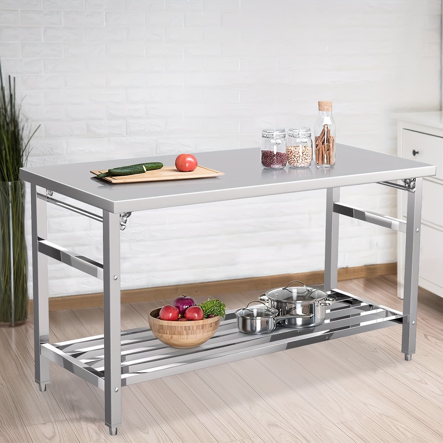 TEMU 60 X 24 Inch Stainless Steel Prep Table, Commercial Worktables And With Adjustable Undershelf, Heavy Duty Folding Kitchen Island For Laundry