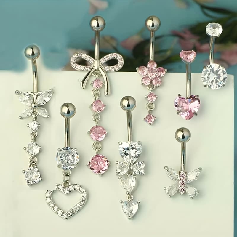 TEMU 8pcs 14g Belly Button Ring Dangle Belly Rings Stainless Steel Cute Bow Heart Flower Dangling Belly Button Piercing Jewelry For Women Dainty Dangly Ring