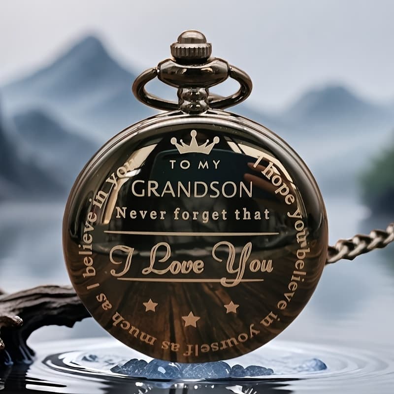 TEMU ' Elegant Engraved Pocket Watch With Quartz Movement - Black & Chain Pendant, For Christmas, Birthday & New Year Gifts Suitable For Everyday Or Special Occasions