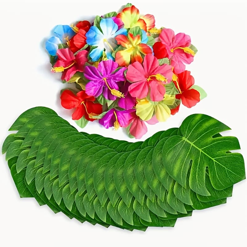 TEMU Vibrant Tropical Party Decorations - Artificial Palm Leaves & Hibiscus Flowers In Assorted Colors For , , Theme, And Bbq Birthday Table Settings, Hawaiian Party Decorations