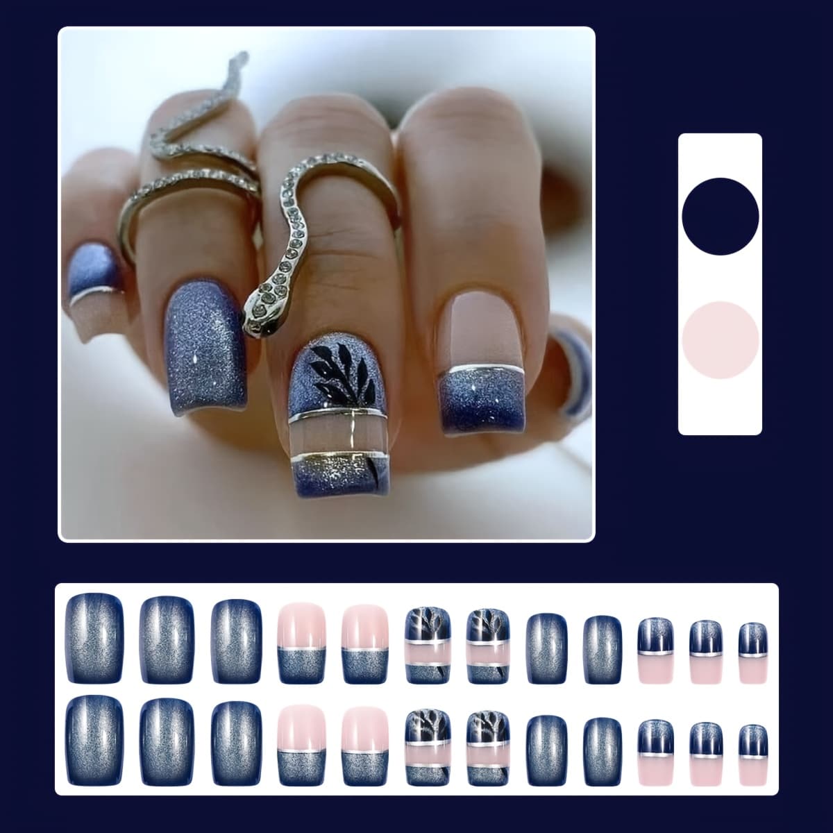TEMU 24pcs Blue Glitter Press-on Nails, Short Square Shape For Women, Suitable For 12 Months, Simple And Elegant Thanksgiving Fake Nails For Daily Wear, Parties, And