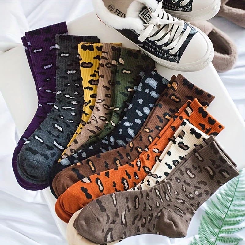 TEMU Autumn Winter Style 10 Pairs Of Individual Retro Leopard Print Fashion Trendy Socks, Soft Comfortable Mid-calf Socks, Suitable For ' Daily All-match Socks