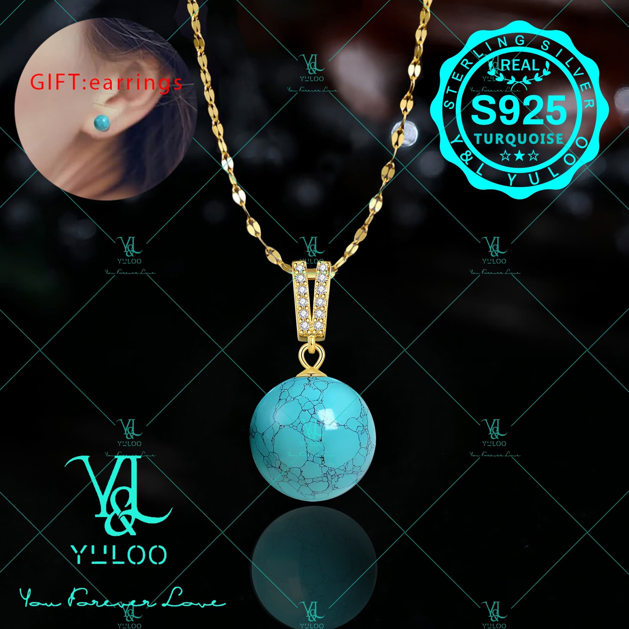 TEMU S925 Sterling Silvery Natural Genuine Turquoise Pendant & Necklace 18+2 Inches, (complimentary Pair Of Random Earrings)