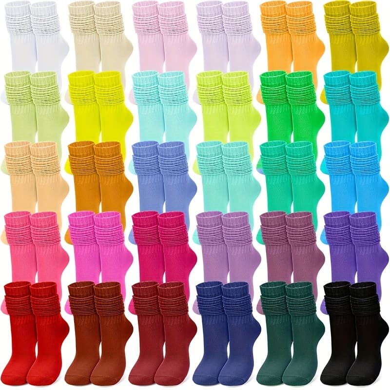 TEMU 36 Pairs Of Colorful Pile Socks, Solid Color, Relaxed, Soft, Sweat Absorbing, Breathable Ribbed, Autumn And Winter Candy Color, Fashionable Elastic Long Socks