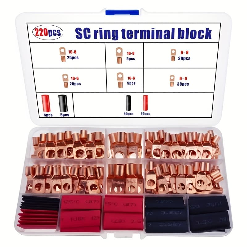 TEMU 220pcs Ring Terminal Kit, Battery Cable End/ Terminal Connector, For Vehicles/marine/power Cabinets | Copper & Household Appliances (includes Color-coded Size Chart)