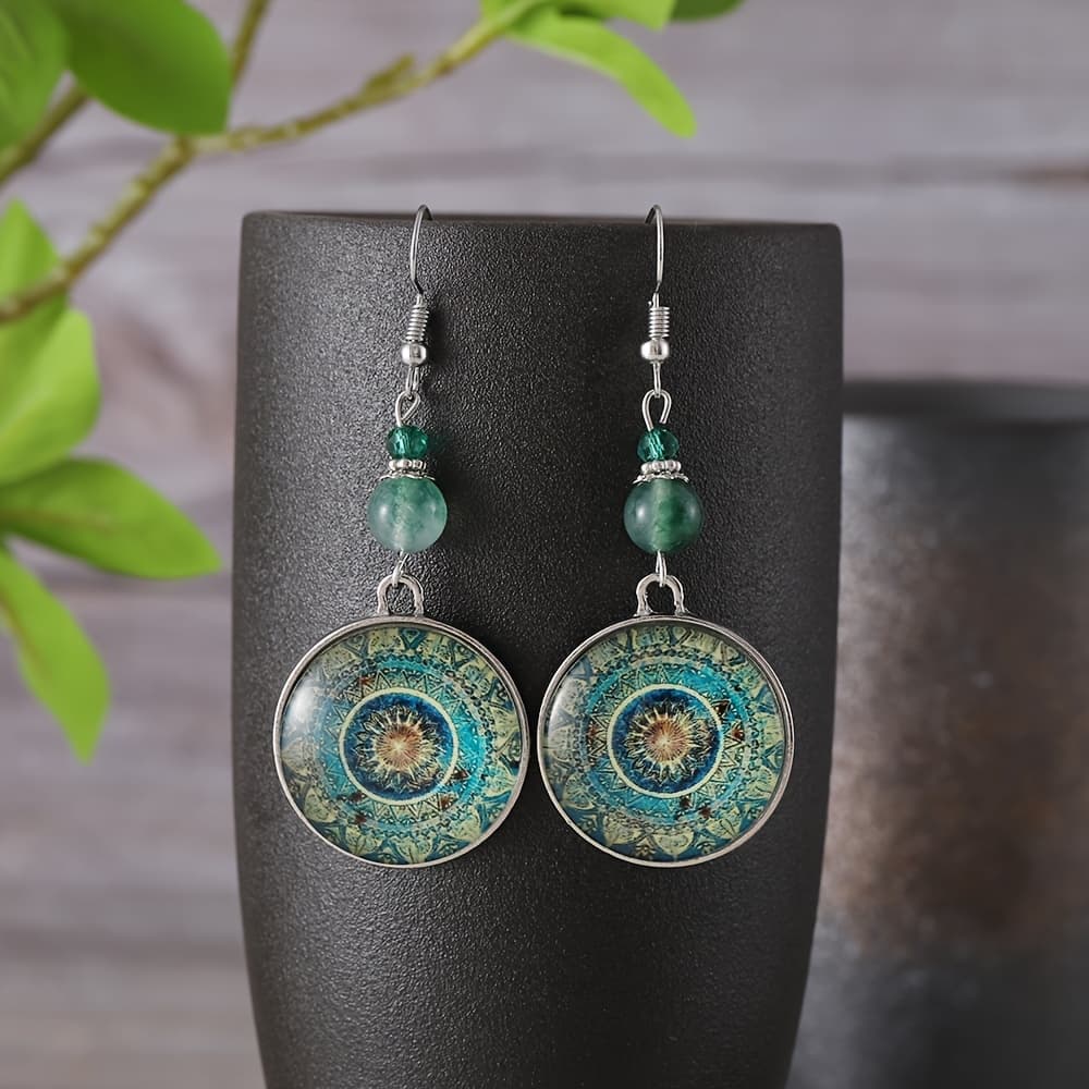 TEMU 1 Pair 925 Silver Of Vintage Mandala Gemstone Earrings - Made Of Glass Material, Women's Ethnic Style Long Green Pendant Earrings