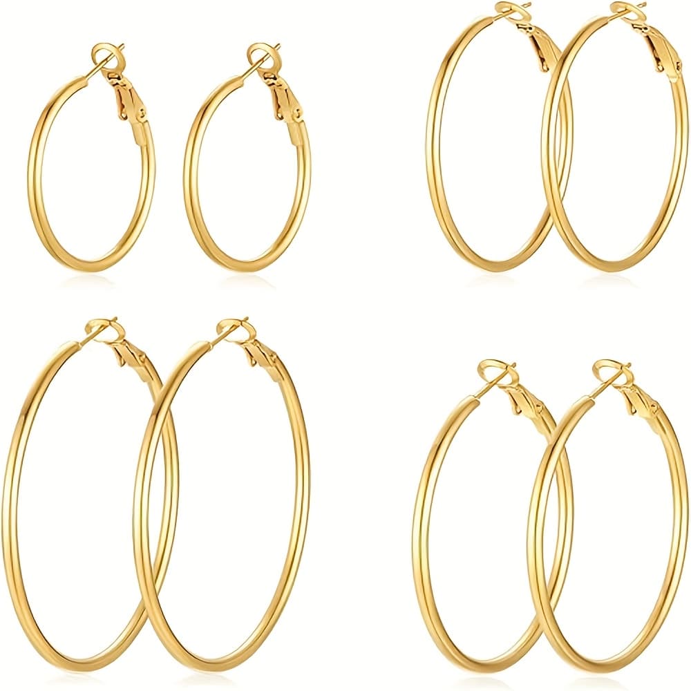 TEMU Set Of 4 Women's Gold-plated Hoop Earrings, 14k Hypoallergenic Lightweight Dangling Earrings