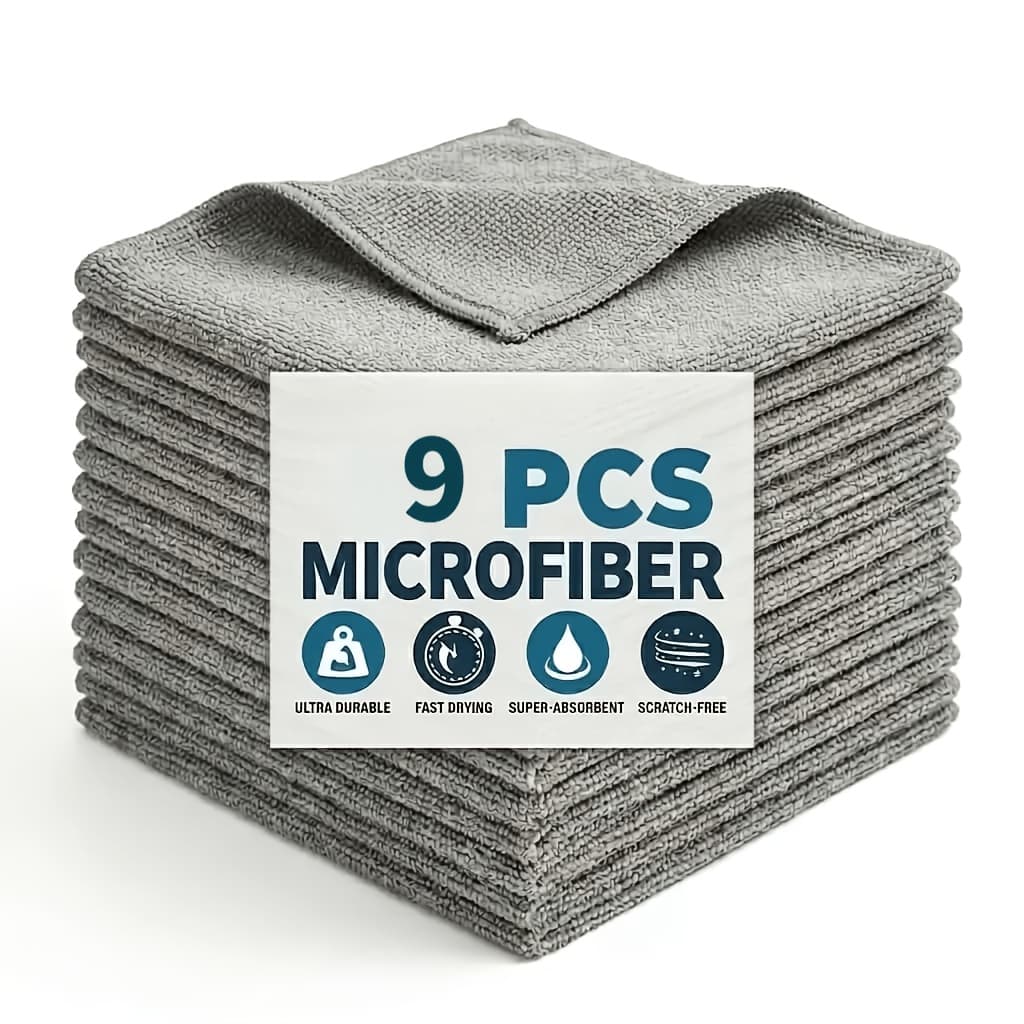 TEMU 9pcs Pack Of Thickened Microfiber Cleaning Cloths, Highly Absorbent And Non-marking, Reusable For Wet And Dry Use, Suitable For Cleaning In Kitchens, Bathrooms, And Car Glass