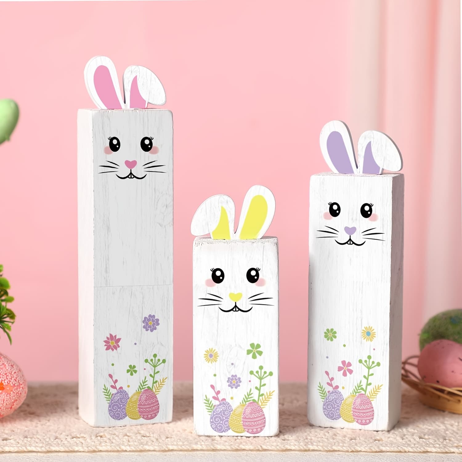TEMU 3pcs Easter Wooden Tiered Tray Decor, Freestanding Farmhouse Rabbit Tiered Tray Decor For Spring Desk Decor, Bunny Ears Table Centerpiece For Decoration, Bunny Tabletop Decoration Block Sign
