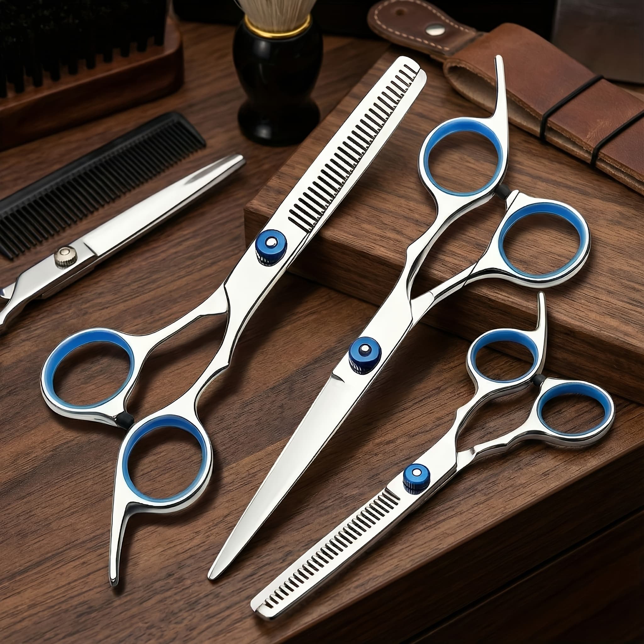 TEMU 4pcs Hair Cutting Scissors Set, 6-inch Hair Cutting And Thinning Scissors Set, Including Straight And Thinning Scissors, Suitable For Hair Cutting, Styling, And Trimming Salons, Home Hair Tools