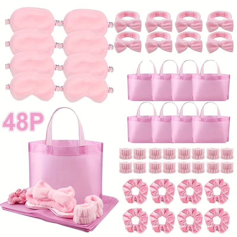 TEMU 48 Pack Pink Kit-includes Masks, 8 Skincare Bows, 8 Headbands, 16 Wristbands And 8 Tote Bags- And Slumber Party Gift Favors For Birthday, Bachelorette, And Weddings