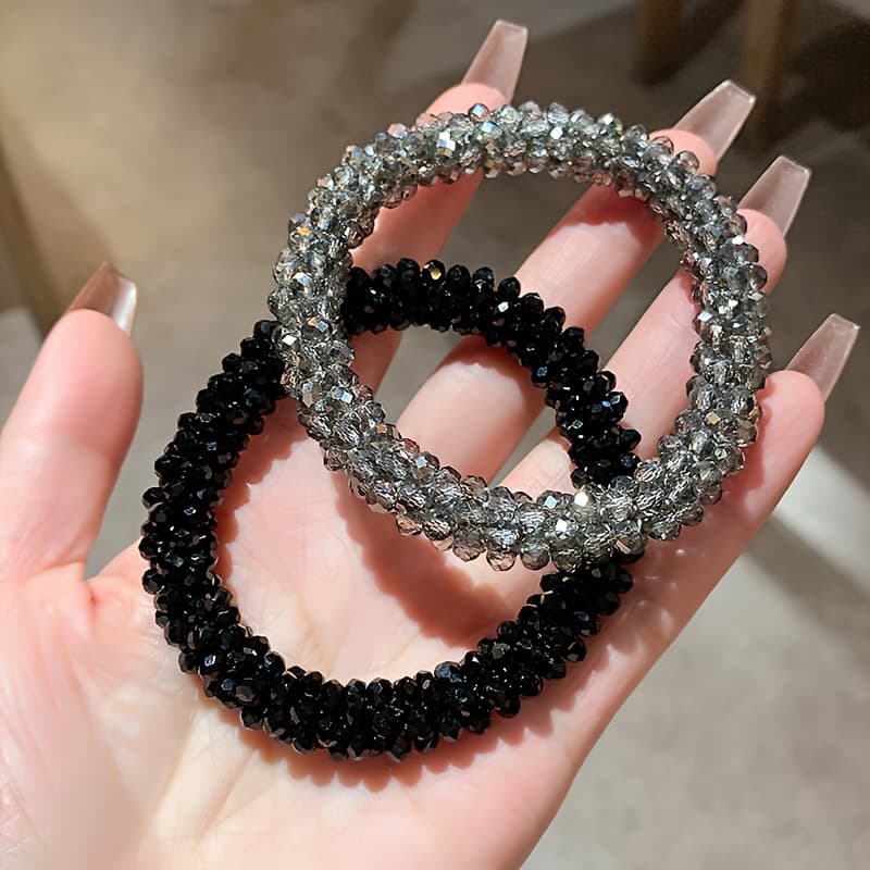 TEMU 2pcs Of Exquisite Crystal Beaded Hair Ties For Women, Bun Head Temperament Bracelet, Hair Tie, Hair Rope, Ponytail Hair Rope, Headwear, Rubber Band
