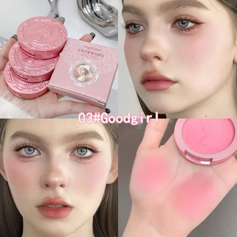 TEMU Gege Bear 3d Relief Shaped Fog Color Powder Blush | Soft And Makeup | Puff Holder Color Women's Blush Cream