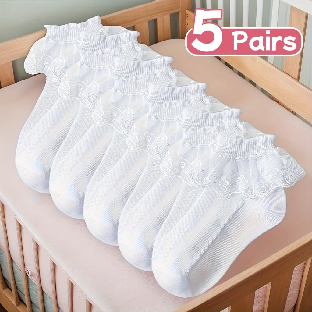 TEMU 5 Pairs White Lace Ankle Socks For Girls - Soft & Breathable Polyester-spandex Blend, Princess-style Lace Trim, , Ballet & Casual Wear, Ballet Socks, , Delicate Lace Detail