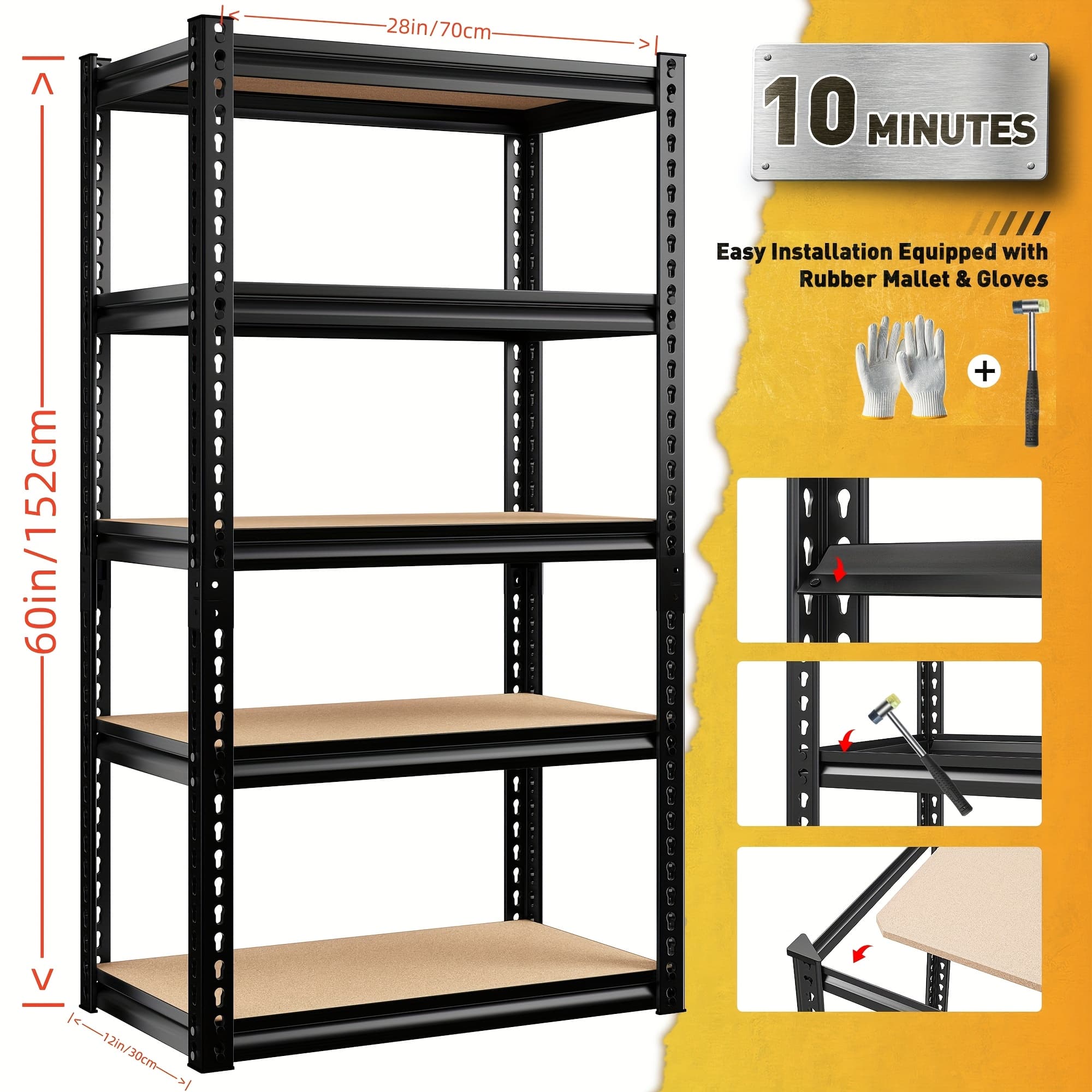 TEMU 2000lbs Heavy Duty 5-tier Galvanized Steel Shelving Units | Adjustable Utility Shelf Rack For Office, Classroom, Rental Room, Garage | 60" H X 28" W X 12" D Storage And Organization