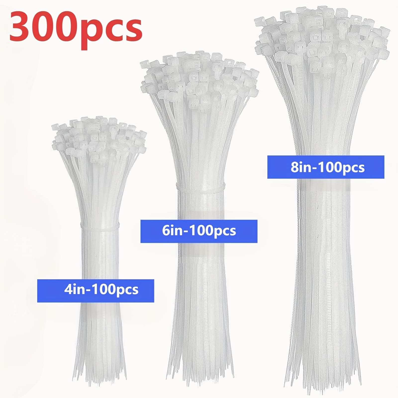 TEMU 300 Durable White Nylon Zip Ties, Self-locking Cable Ties - In Sizes (4 Inches, 6 Inches, 8 Inches) Suitable For Electrical Wiring, Data Cables, Gardening, And