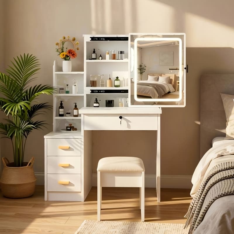 TEMU Makeup Vanity Desk With Mirror And Lights, Vanity Table With Sliding Mirror And Drawers And Storage Shelves And Stool, Adjustable Brightness, 3 Lighting , For Bedroom, White