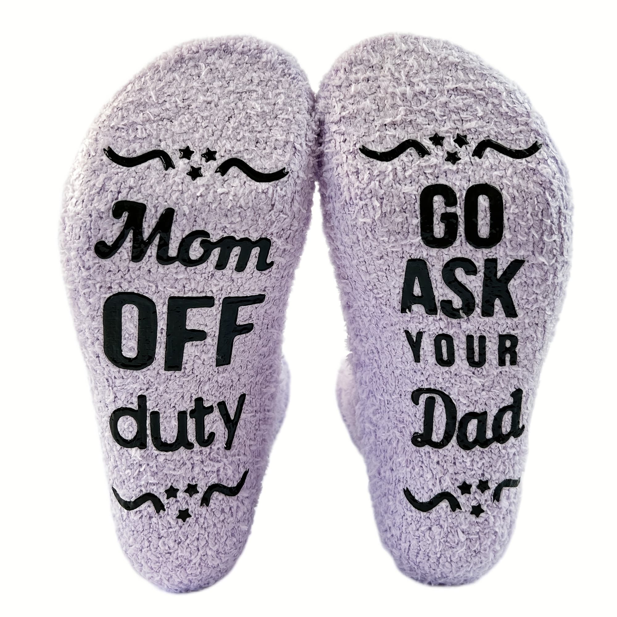 TEMU A Pair Of Light Purple Coral Fleece Non-slip Dispensing Floor Socks With A Fun Text Design That Says "mom Is Off Work, Go Ask ", Plus Velvet Thickened Home Socks, A Fun Gift Sock For Mom