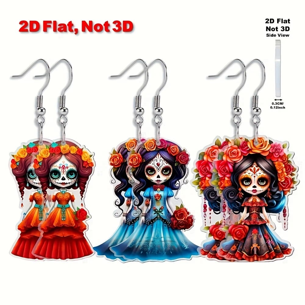 TEMU 2d Flat, [2d Flat] 3pairs/1set Halloween Dolls Earrings | Creative Beautiful Earrings | 2d Acrylic Jewelry | Perfect For & Women | Ideal Halloween Gift & Daily Accessory, 2d Flat