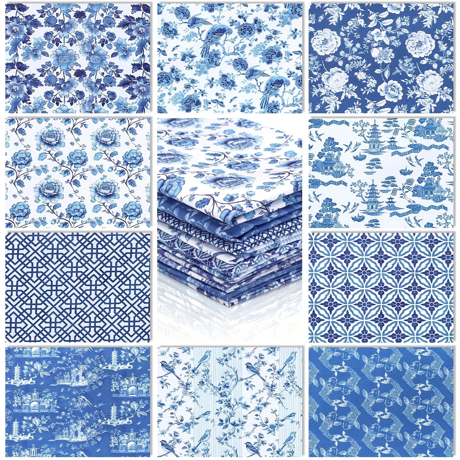 TEMU 10pcs Chinoiserie Fabric Bundles 18 X 22 Inch Floral Fabric Blue And White Porcelain Quilting Strips For Quilting Crafting Blue And White Floral Precut For Sewing Crafts