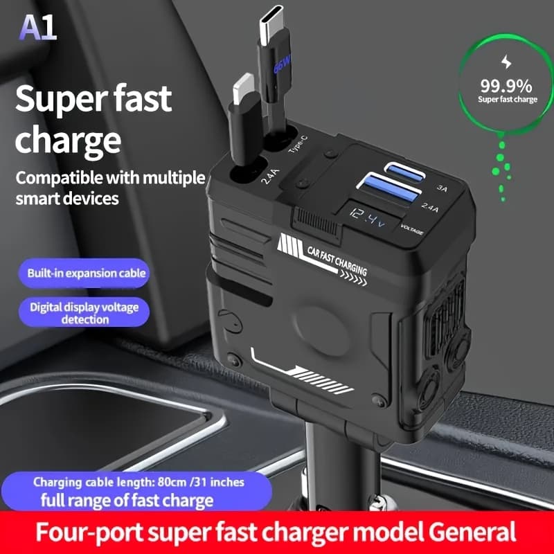 TEMU W&o Retractable Fast Car Charger - Lightning+type-c Dual 80cm/31 Inch Long Retractable Cable, 2 Usb Port Adapters, Voltage , Durable And - For - Compatible For Iphone 17/16/15/plus/pro Max